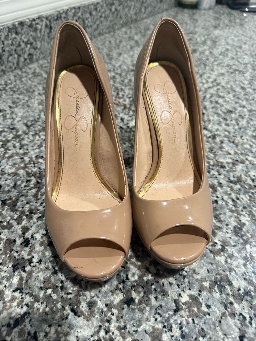 Jessica Simpson Beige Patent Peep-Toe platform Heels